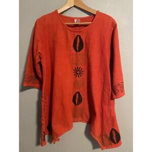 Belma Tunic Top Womens One Size Orange Cotton Boho Pockets Artsy 3/4 Sleeve